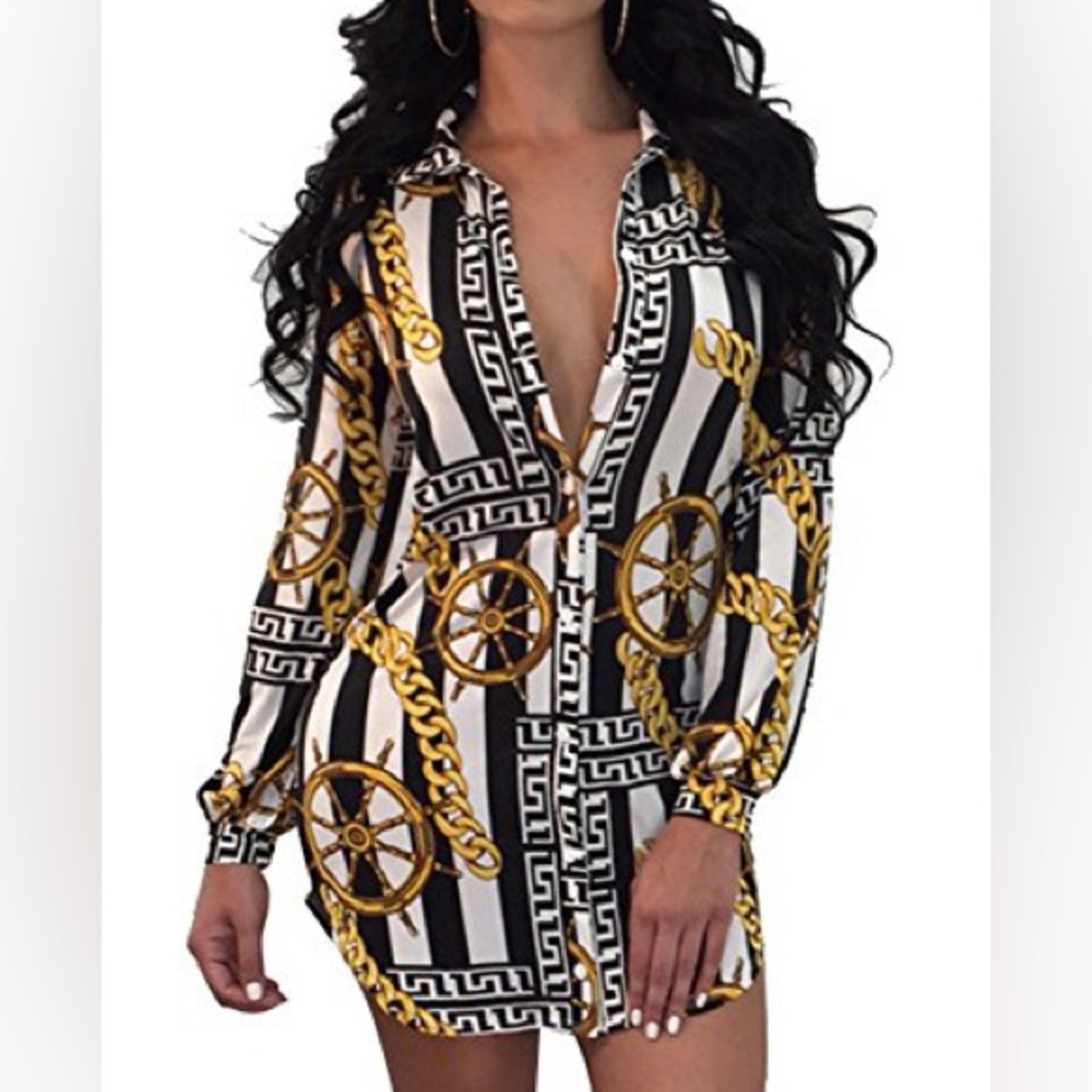 Black and White Striped Shirt Dress with Gold Chain and Nautical Print